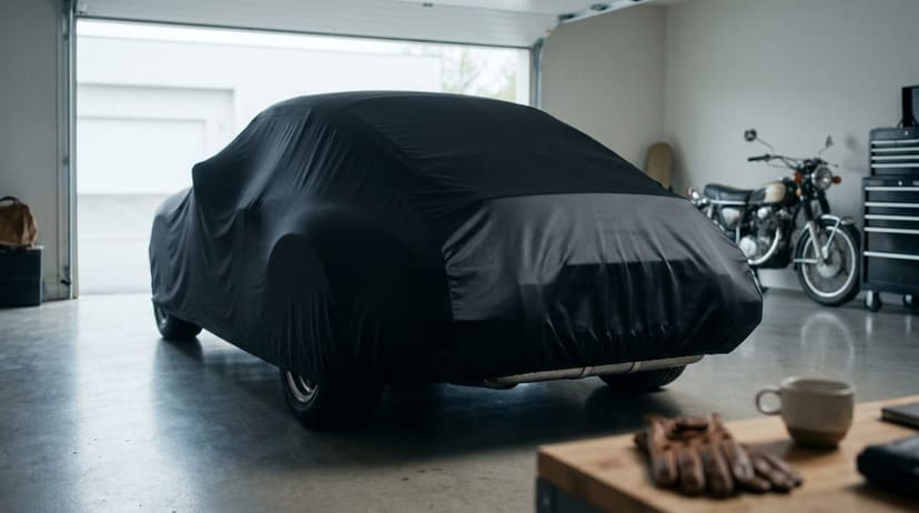 Dark indoor cover on a coupe in a private garage