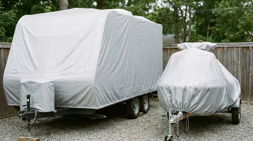 Covered travel trailer on a storage pad