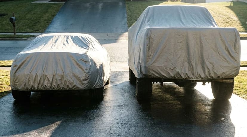 A covered sports car beside a covered full-size pickup on a wet driveway